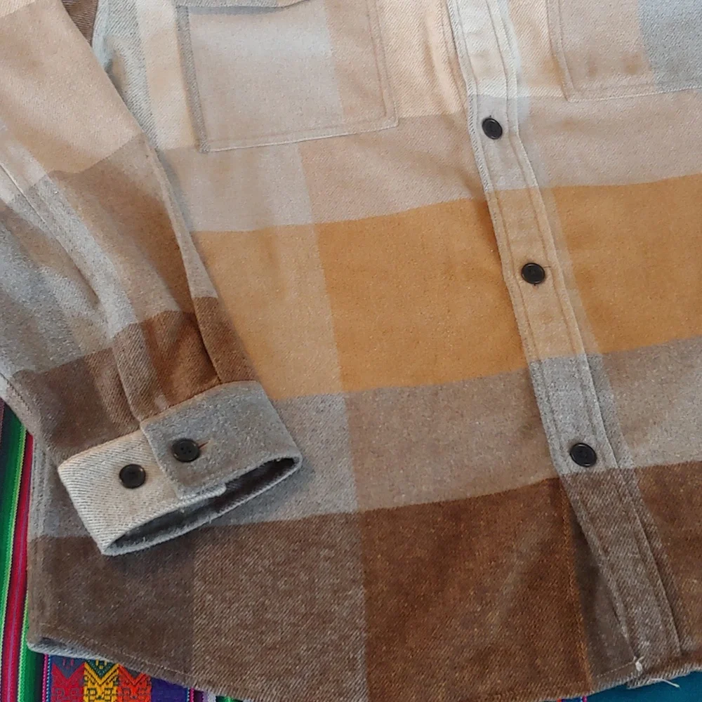 Men's Plaid Polyester Blend Button Shirt Brown, Tan, XL - Picture 13 of 15